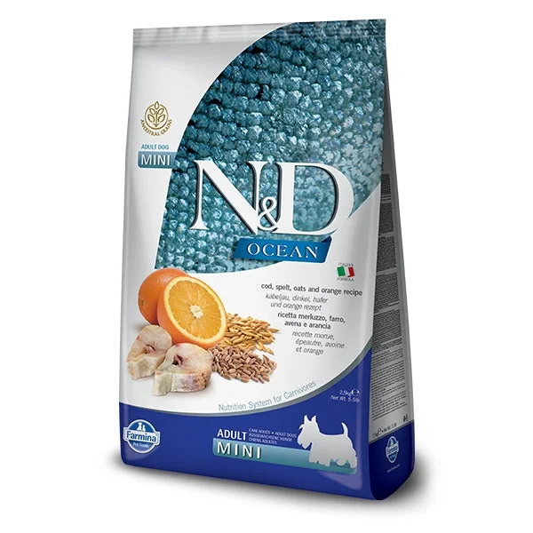 Farmina Ocean N&D Natural & Delicious Ancestral Grain Mini Adult Cod, Spelt, Oats & Orange Dry Dog Food